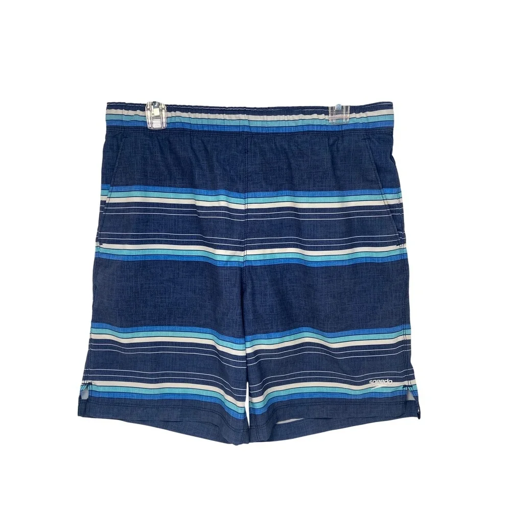 Speedo Swim Trunks Men's Medium Blue Striped Lined Swim Shorts